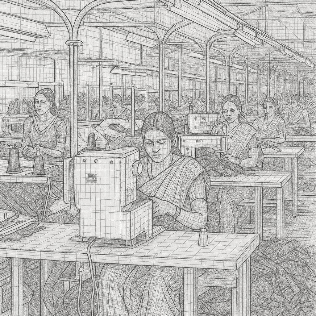 Illustration of a woman working at a sewing machine in a factory setting with 'JACK' branding.